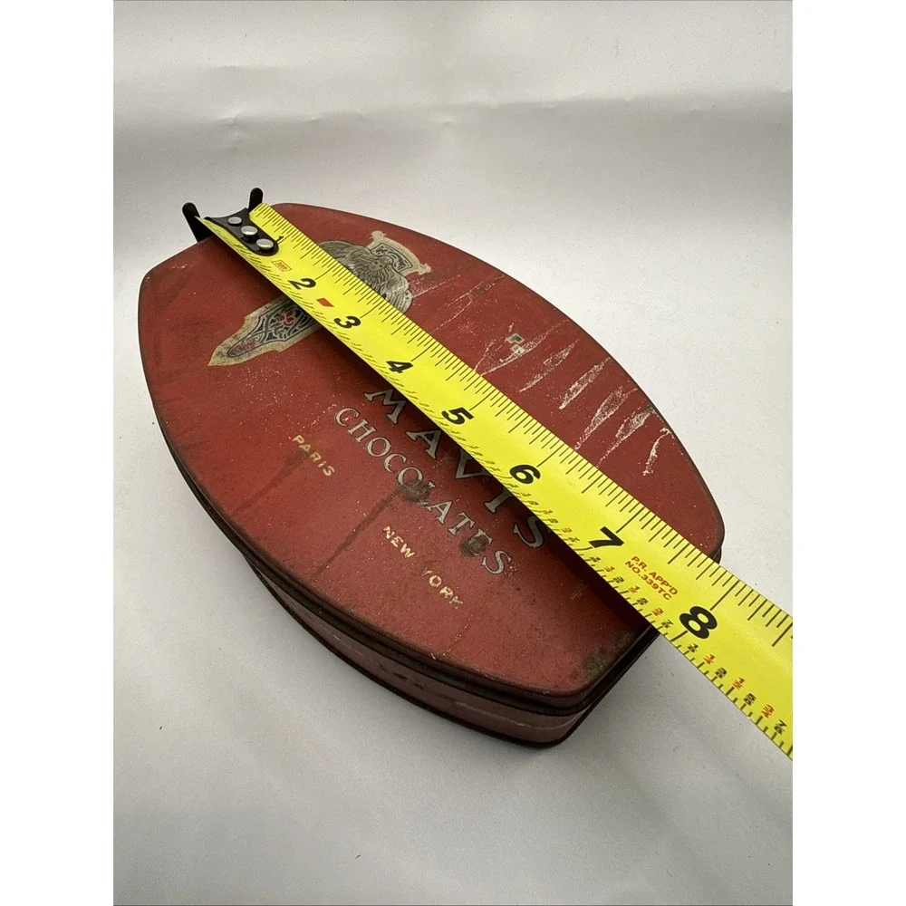 Antique Devoine Mavis Chocolates Tin Paris New York Oval Red Advertising Box